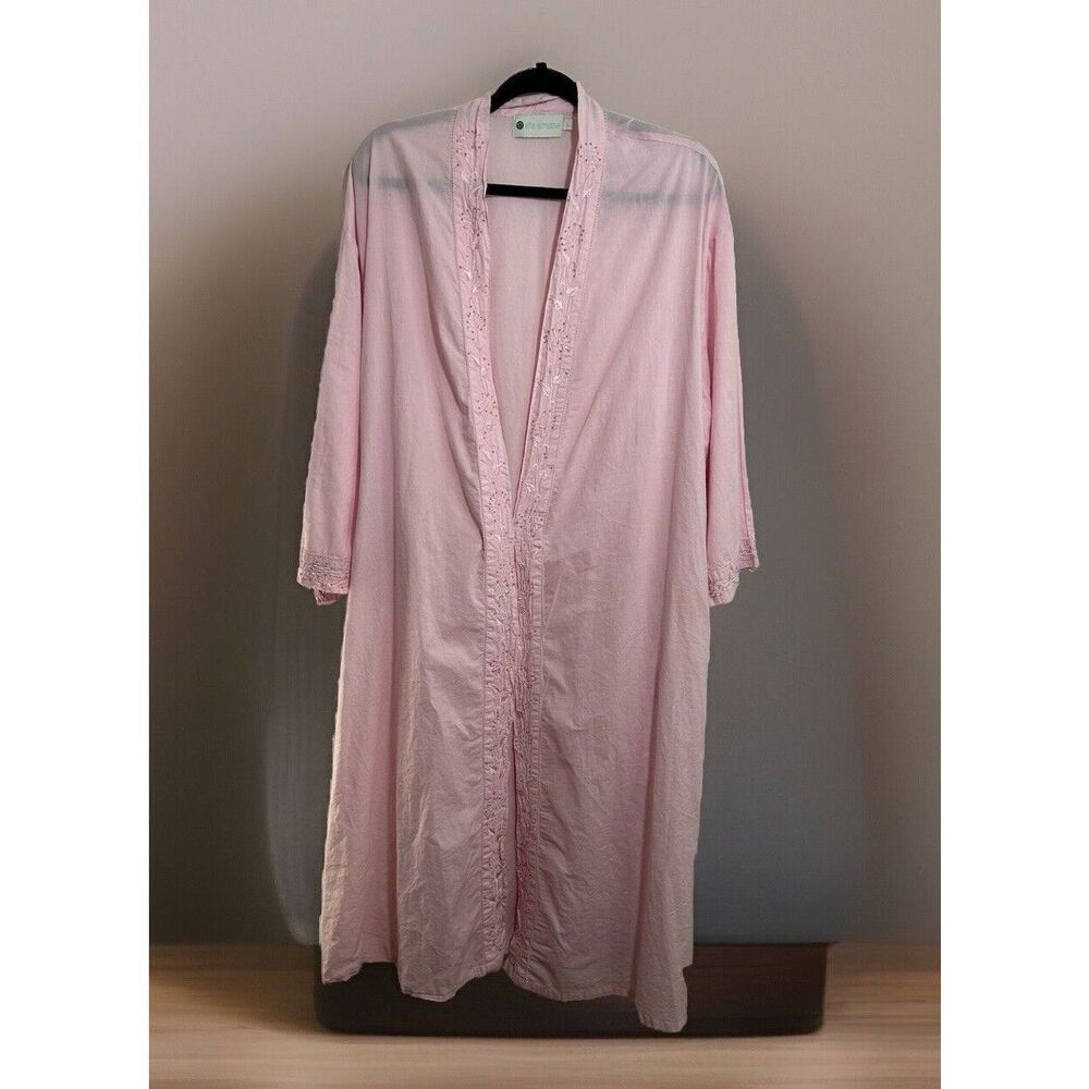 ELLA SIMONE  Embroidered Beaded Robe Cotton Pink Tie Waist Lightweight L